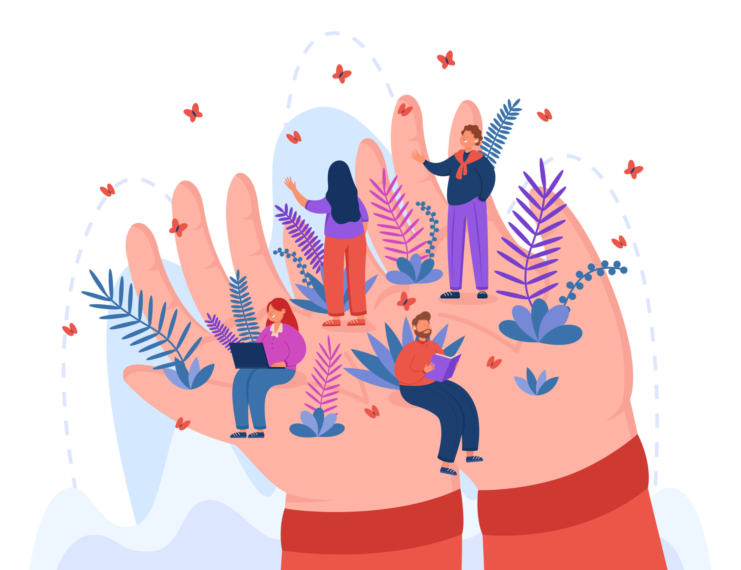 Tiny employees sitting and standing on huge hands